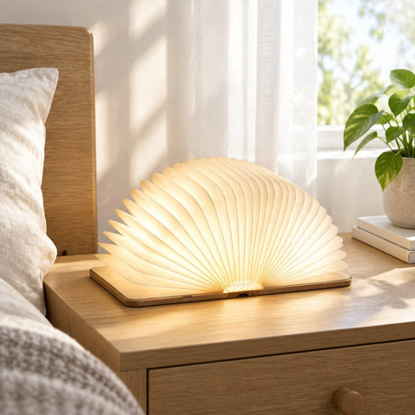 Lumibook Foldable Table Lamp — opened and lit on a nightstand in daylight