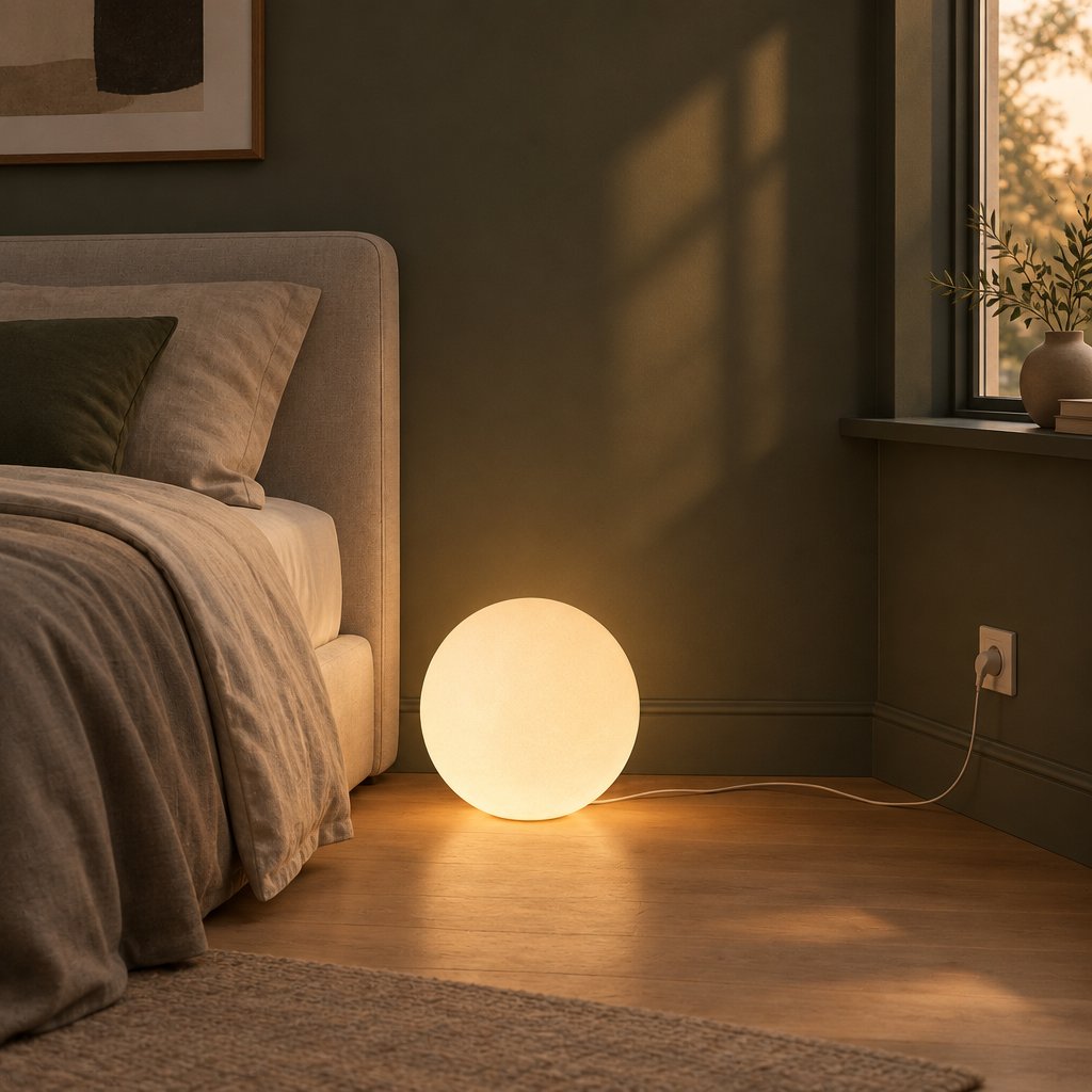 Luna Sphere Floor Lamp — bedroom in early evening, lamp on