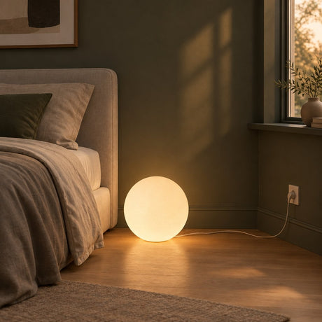 Luna Sphere Floor Lamp — bedroom in early evening, lamp on