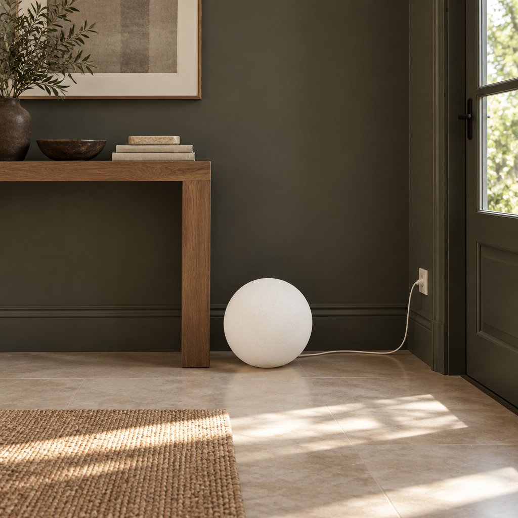Luna Sphere Floor Lamp — entryway in daylight, lamp off
