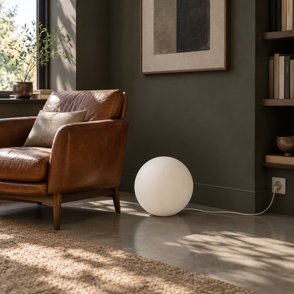 Luna Sphere Floor Lamp — reading corner in daylight, lamp off