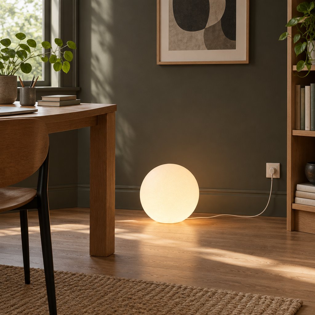 Luna Sphere Floor Lamp — study in daylight, lamp on