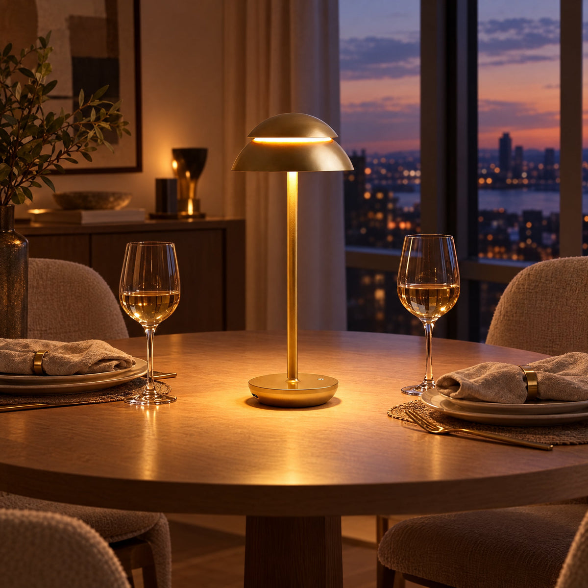 Nomad Cordless Table Lamp — Gold finish on a dining table at dusk