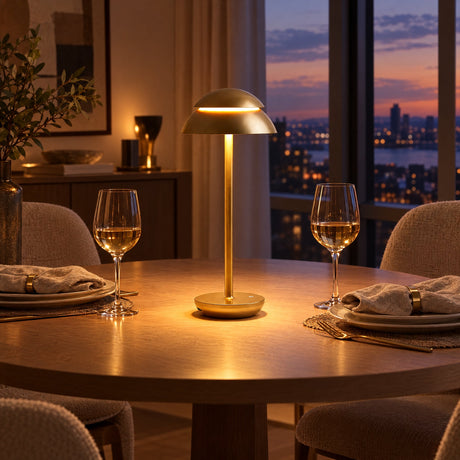 Nomad Cordless Table Lamp — Gold finish on a dining table at dusk