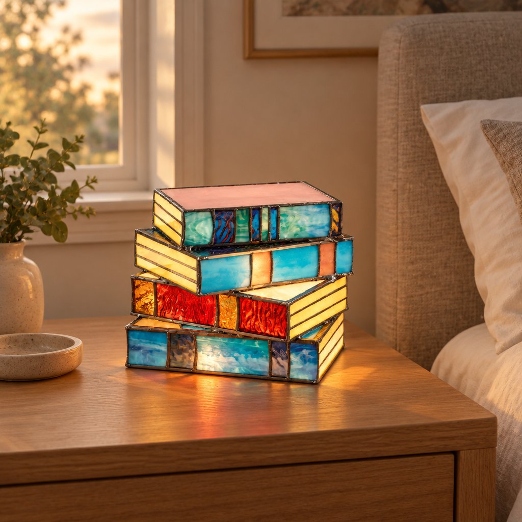 Novella Stained-Glass Table Lamp — bedroom in early evening, lamp on