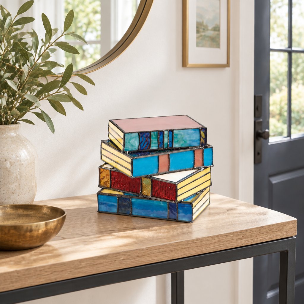 Novella Stained-Glass Table Lamp — entryway in daylight, lamp off