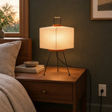 Origami Washi Table Lamp — bedroom in early evening, lamp on