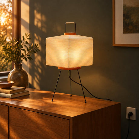 Origami Washi Table Lamp — living room at golden hour, lamp on