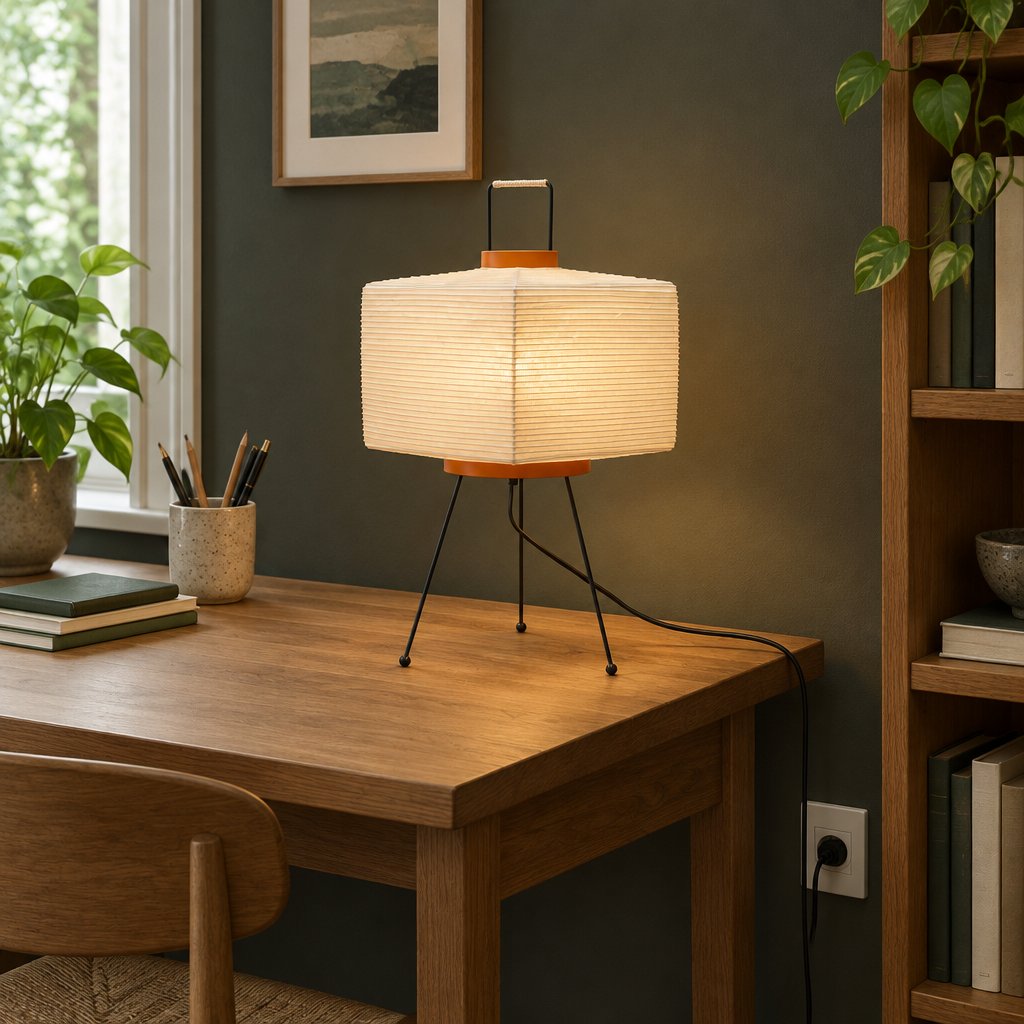 Origami Washi Table Lamp — study in daylight, lamp on