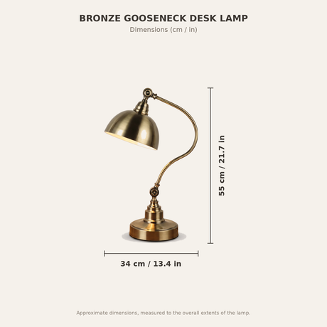 Antique Brass Gooseneck Desk Lamp - dimensions diagram, 55 cm high by 34 cm wide