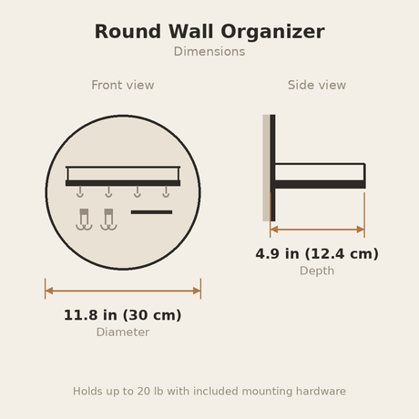 Round Wall Organizer dimensions: 11.8 in diameter, 4.9 in deep