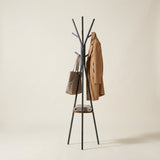 Shelf Coat Stand — with camel coat and tote, front view