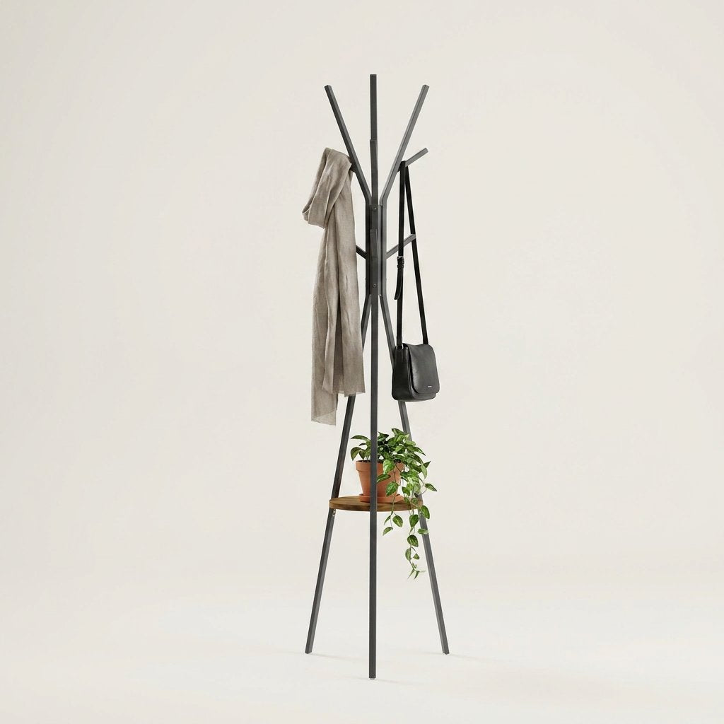 Shelf Coat Stand — with scarf, crossbody bag and shelf plant