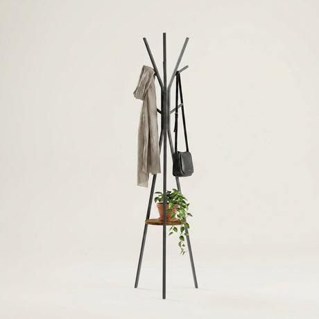 Shelf Coat Stand — with scarf, crossbody bag and shelf plant