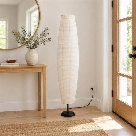 Sora Rice Paper Floor Lamp — entryway in daylight, lamp off