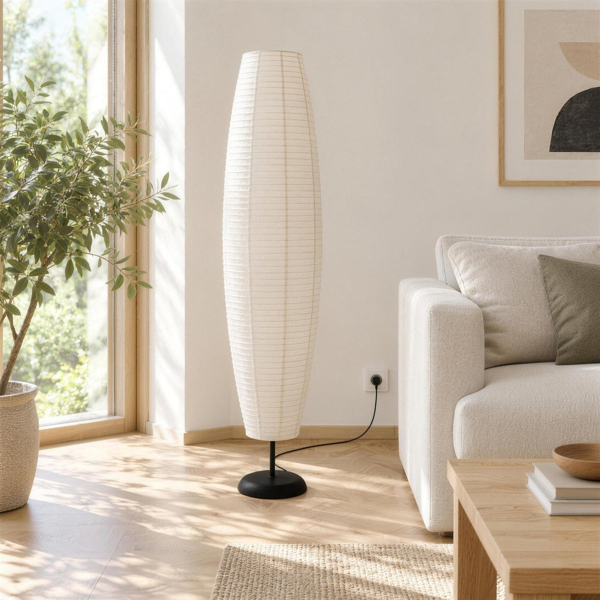 Sora Rice Paper Floor Lamp — living room in daylight, lamp off