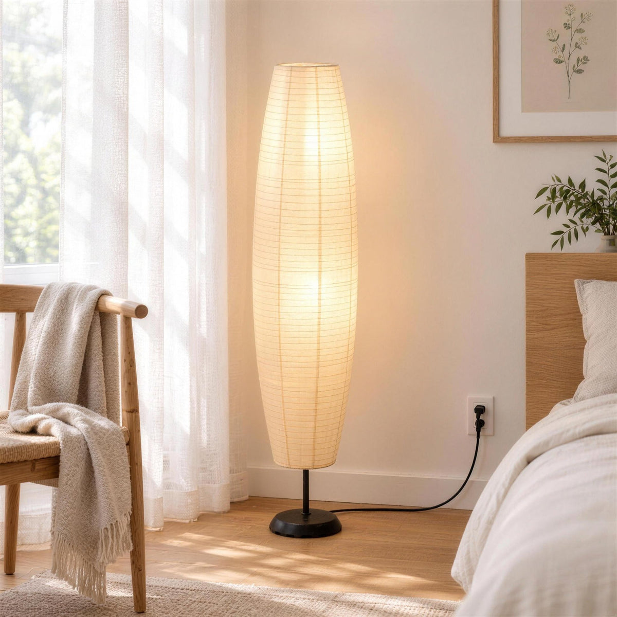 Sora Rice Paper Floor Lamp — morning bedroom, lamp on