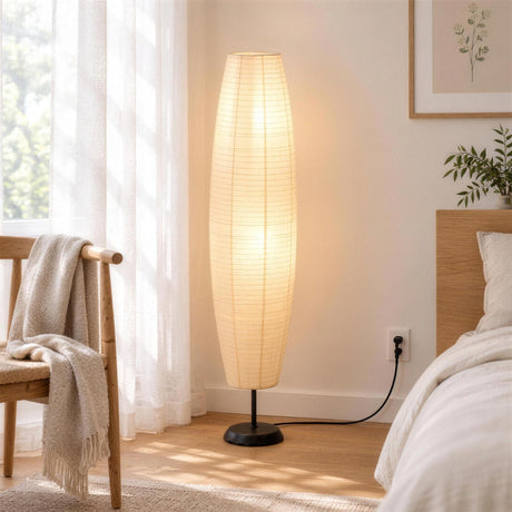 Sora Rice Paper Floor Lamp — morning bedroom, lamp on