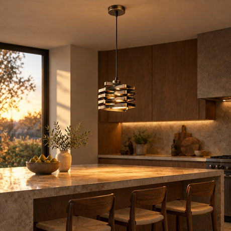 Twist Ribbon Pendant Light — kitchen island in early evening, lamp on