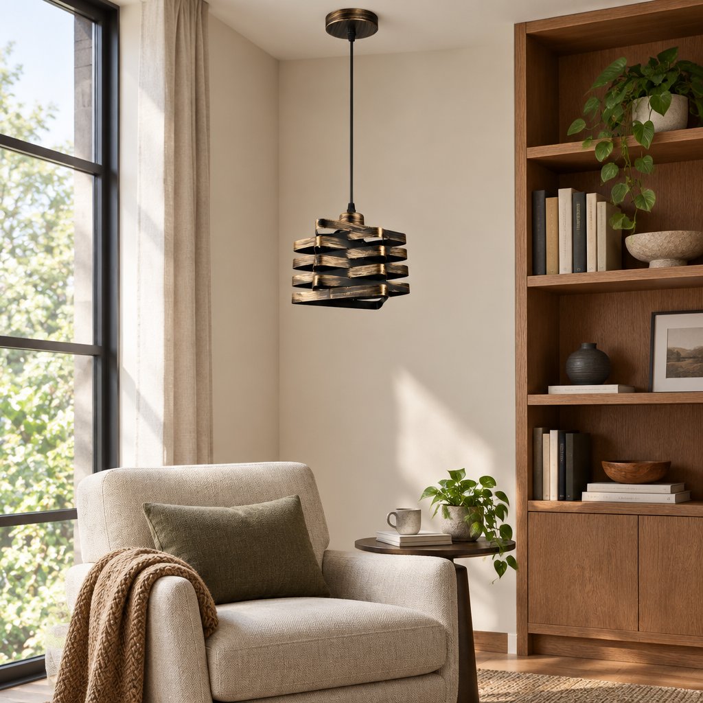 Twist Ribbon Pendant Light — reading corner in daylight, lamp off
