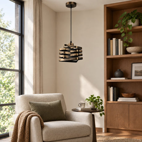 Twist Ribbon Pendant Light — reading corner in daylight, lamp off
