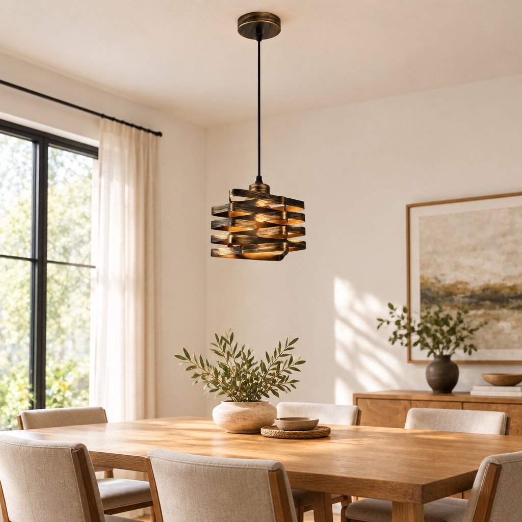 Twist Ribbon Pendant Light — dining room in daylight, lamp on