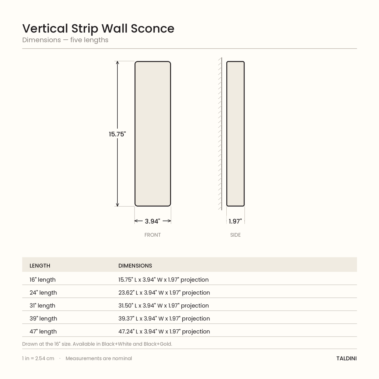 Vertical Strip Wall Sconce - dimensions diagram, five lengths