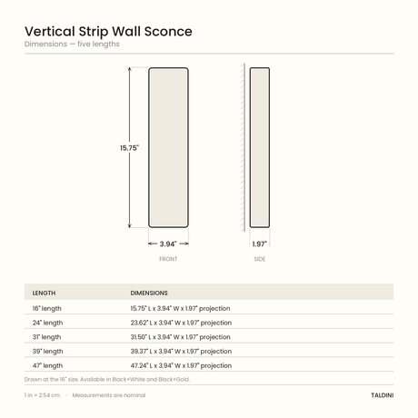 Vertical Strip Wall Sconce - dimensions diagram, five lengths