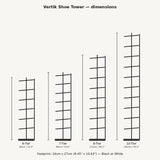 Vertik Shoe Tower — dimensions: 6-tier 82 cm, 7-tier 89 cm, 8-tier 112 cm, 10-tier 141 cm, footprint 24 by 27 cm
