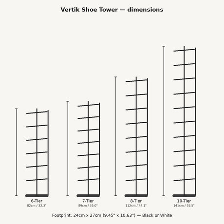 Vertik Shoe Tower — dimensions: 6-tier 82 cm, 7-tier 89 cm, 8-tier 112 cm, 10-tier 141 cm, footprint 24 by 27 cm
