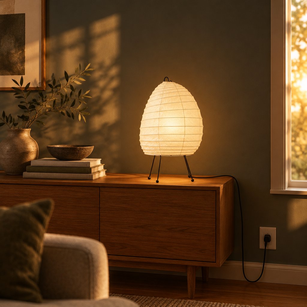 Washi Tripod Table Lamp — living room at golden hour, lamp on