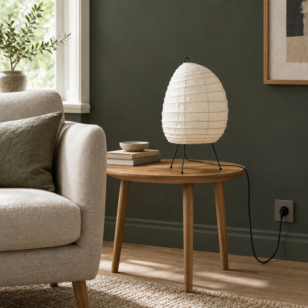 Washi Tripod Table Lamp — reading corner in daylight, lamp off