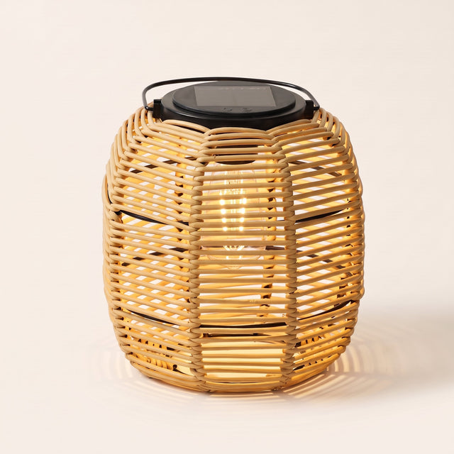 Woven Solar Lantern — Dense Rattan with filament bulb lit